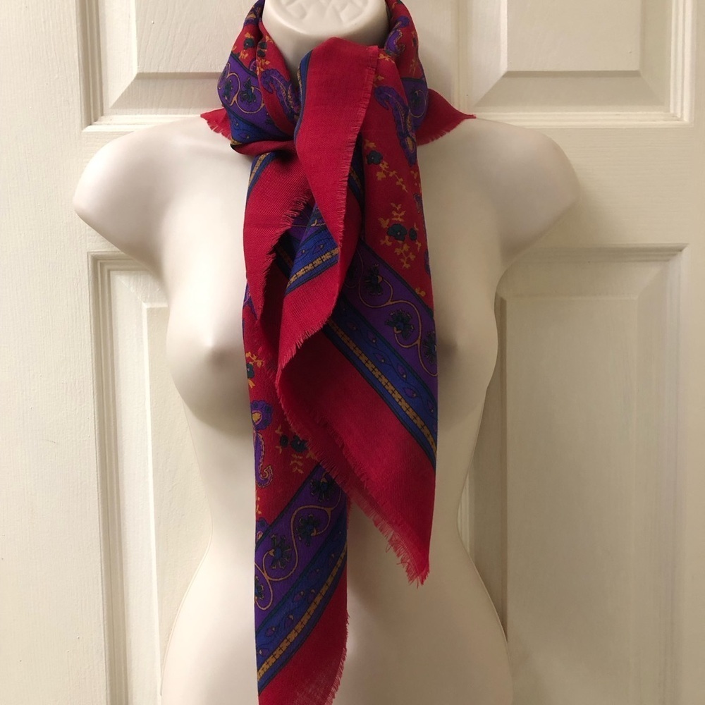 Vintage Baar Beards 100% Wool Paisley Women's Red Square Scarf Abstract Floral